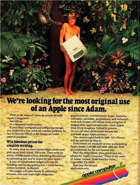 亞當抱著蘋果電腦遮擋私處。Apple II電腦廣告，1979年發布。