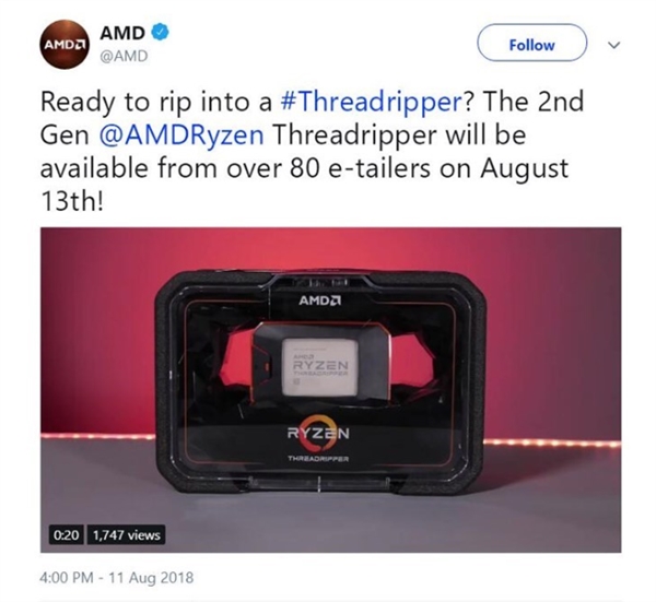 AMD 32核64線(xiàn)程撕裂者開(kāi)賣(mài)時(shí)間宣布：8月13日